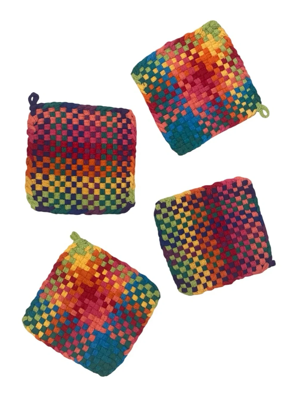 POTHOLDERS (4) Handmade Cotton Loom Woven with Vibrant Rainbow Colors 6”x 6”